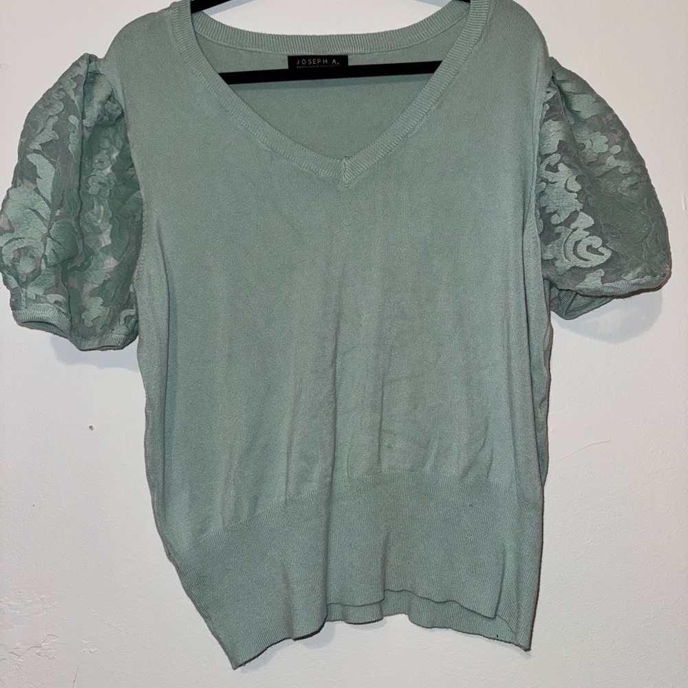 Harbor Light green V Neck Lace Puff Sleeve Top
